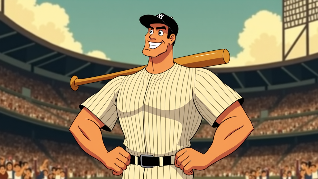 Art Deco Titan Babe: Illustrate Babe Ruth in the sleek, geometric, and glamorous Art Deco style prevalent during his peak in the 1920s and 1930s. Think bold lines, luxurious color palettes (gold, black, cream), and him portrayed as a monumental figure against iconic period backdrops like a stylized Yankee Stadium or skyscraper-filled city.