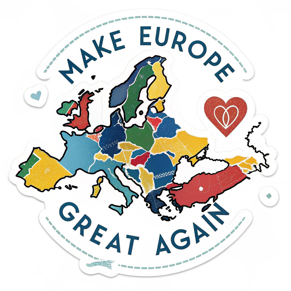 Design a sticker featuring a stylized map of Europe with vibrant, interconnected countries. Incorporate a heart symbol encompassing the map to represent unity. Include the text 'Make Europe Great Again' in a modern, bold font, overlaying the design for maximum impact. The color scheme should be bright and optimistic, using shades of blue, yellow, and green.