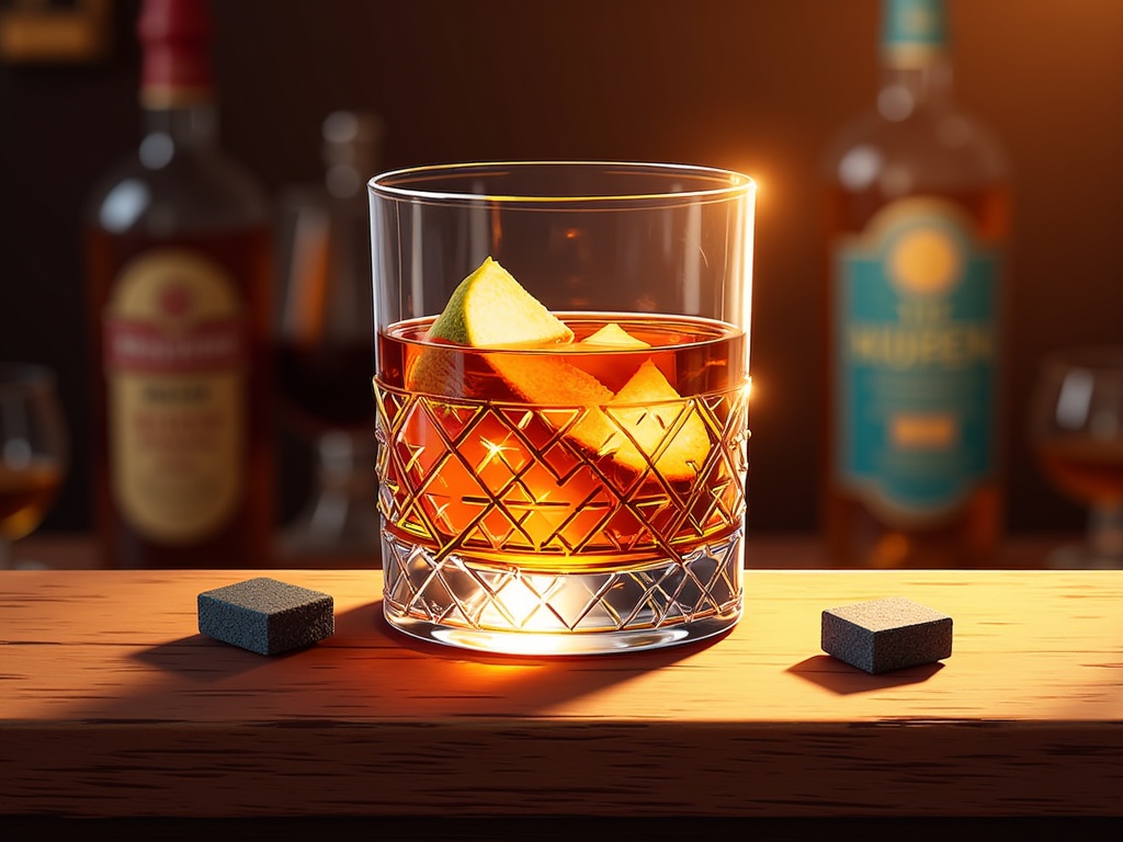  a glass of whiskey on a wooden bar counter. The glass is filled with a dark amber-colored drink and has a slice of lime on the rim. There are two small black cubes on the counter next to the glass. In the background, there are several bottles of alcohol, including a bottle of whiskey and a glass with a drink in it. The overall mood of the image is dark and moody.