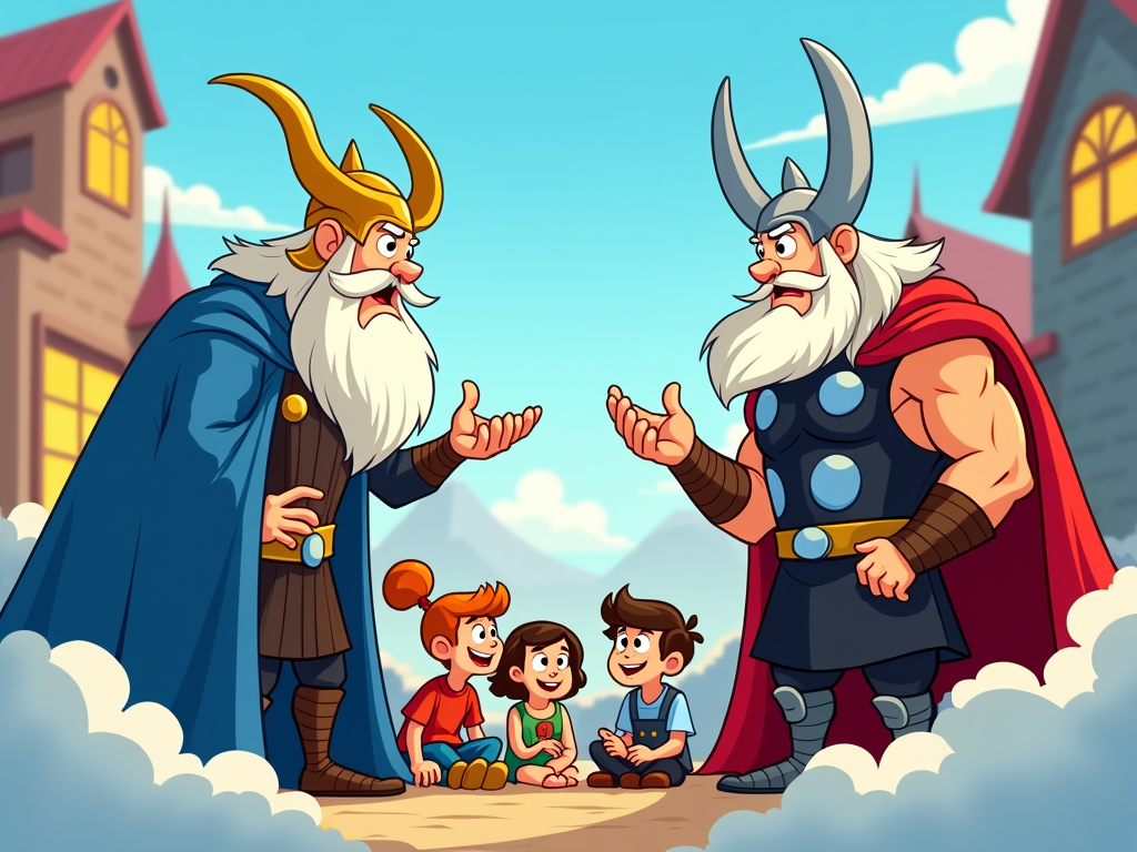 An educational cartoon that uses the humorous portrayal of the gods to teach children about Norse mythology, history, and culture.