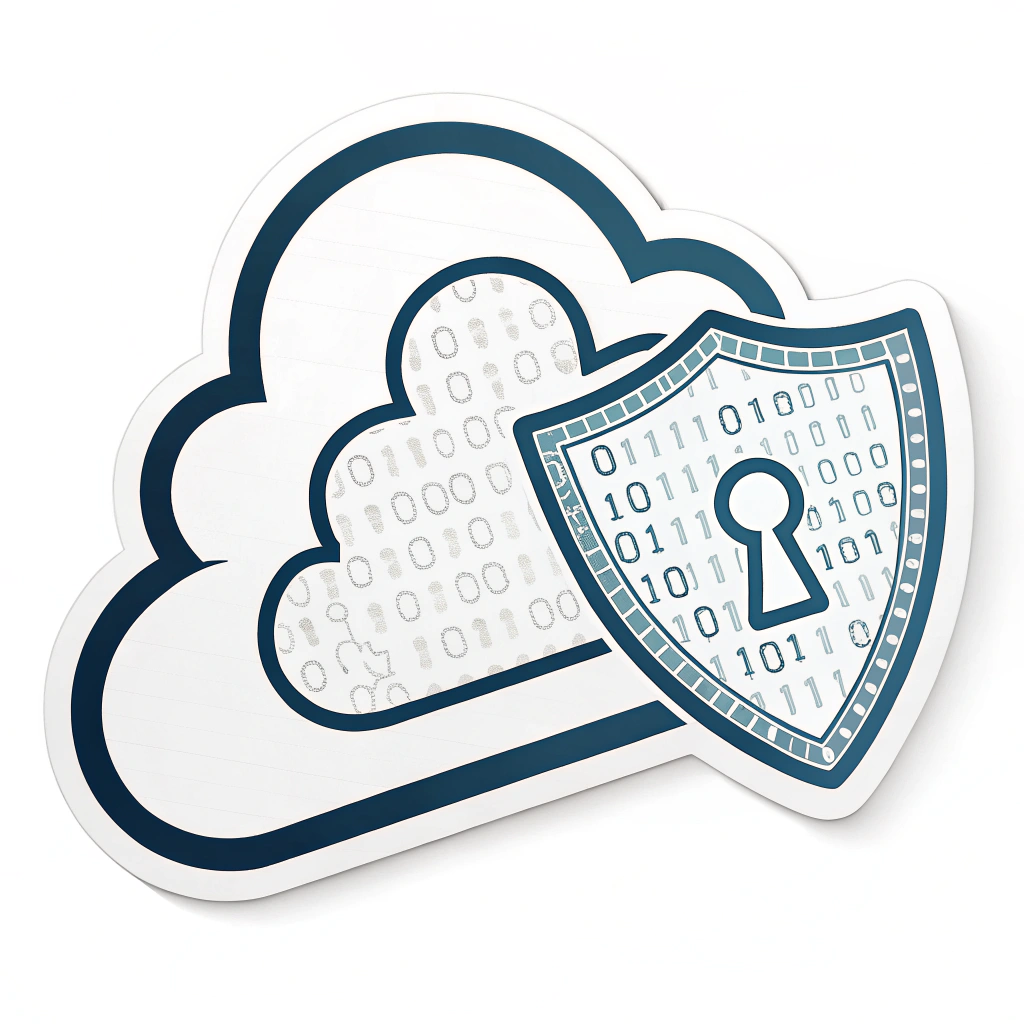 A stylized cloud icon featuring an integrated shield. The shield can subtly incorporate a binary code pattern or a keyhole, symbolizing secured data within.