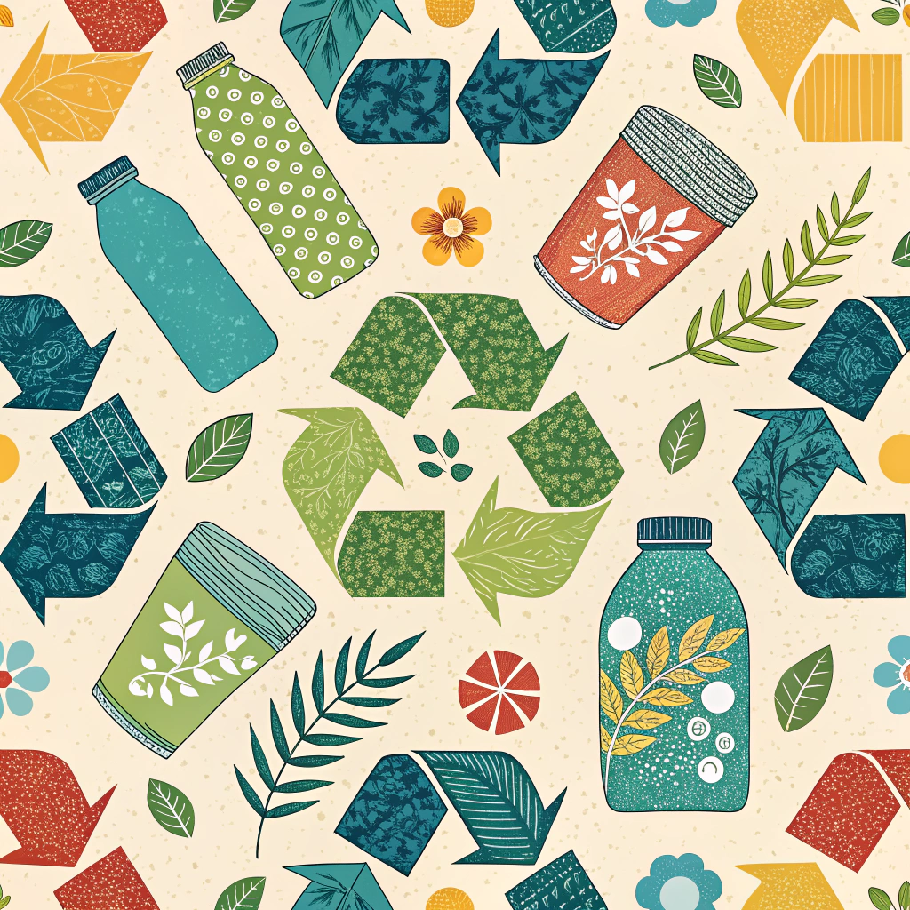 Upcycled Composition: A vibrant, collage-style pattern showcasing diverse textures and fragmented shapes, symbolizing the reuse and creative recombination of discarded materials into new forms. Could incorporate imagery of common recyclables (e.g., bottle caps, fabric scraps).