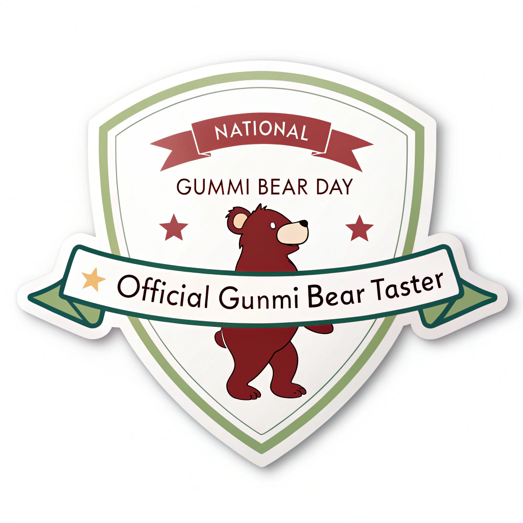 Simple logo idea: A shield or crest shape containing a stylized gummi bear silhouette. The text 'Official Gummi Bear Taster' is integrated into a banner element across the shield, with 'National Gummi Bear Day' arched above.