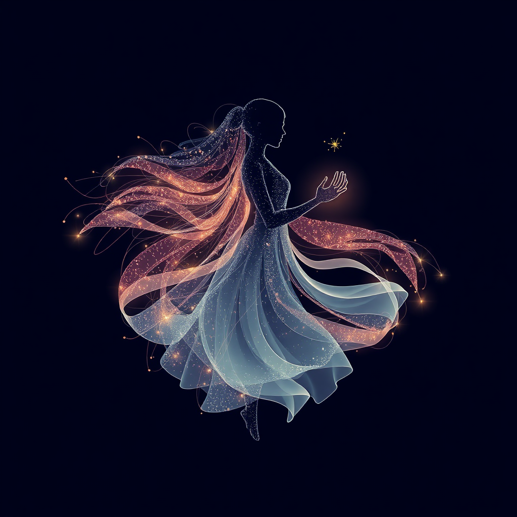 Sub-design idea 1: Ethereal Muse Silhouette - A flowing, abstract silhouette, perhaps with a hint of a human form, made of glowing digital particles or light trails, embodying inspiration. One particle could be a distinct 'spark' or a stylized neural node.