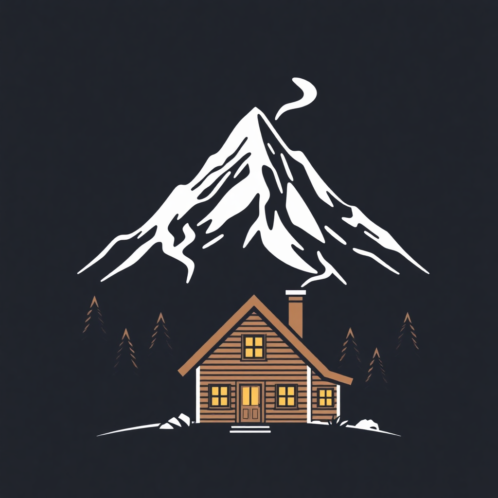 A design featuring a majestic mountain peak looming in the background, with a small, inviting cottage nestled in the foreground, smoke gently rising from its chimney.