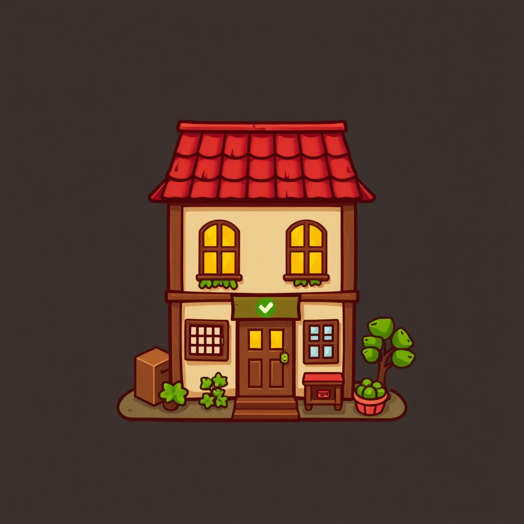 The image is a digital illustration of a small house with a red tiled roof. The house has a beige exterior with two windows on the front and a brown door. There is a small porch with a bench and a potted plant on the right side of the house. On the left side, there is a brown box and a small tree. The background is a dark grey color. The overall style of the illustration is cartoon-like and the overall color scheme is warm and inviting.