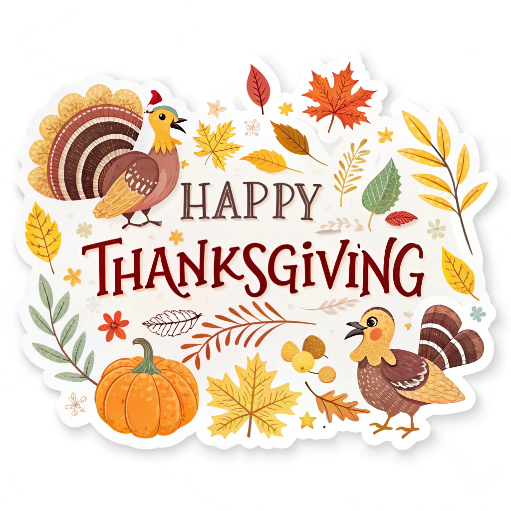 The image shows a poster with a white background featuring a happy Thanksgiving sticker with two turkeys, leaves, and a pumpkin. The text reads 