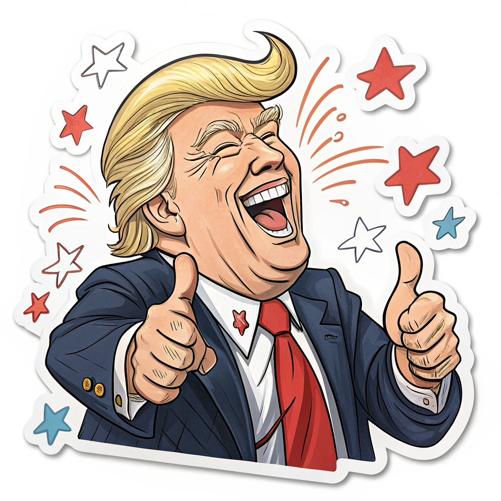 A cartoonish depiction of Donald Trump with exaggerated features like his hair and a wide grin, possibly giving a thumbs up or a funny pose.