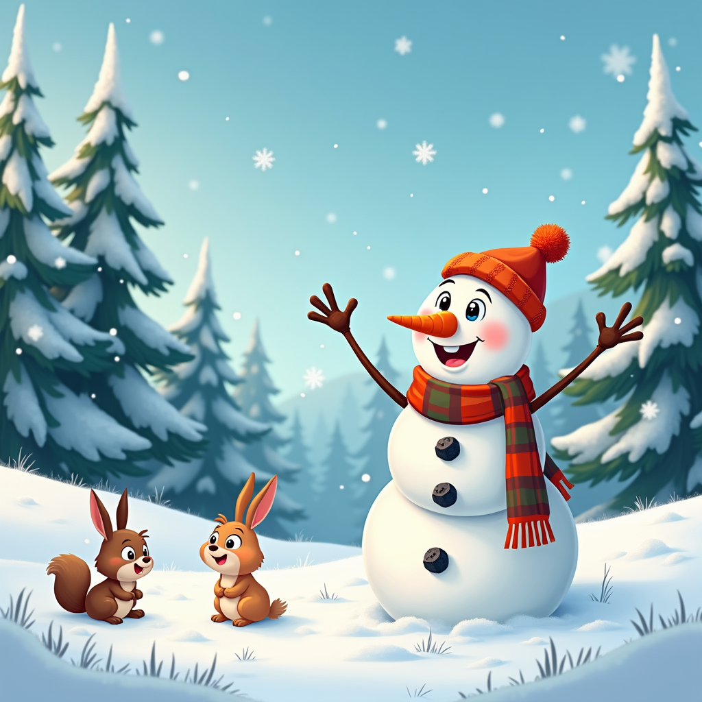 The image shows a snowman and two rabbits in the snow. The snowman is wearing a scarf and a cap, and the rabbits are standing on the snow-covered ground. In the background, there are trees covered in snow and a clear blue sky.