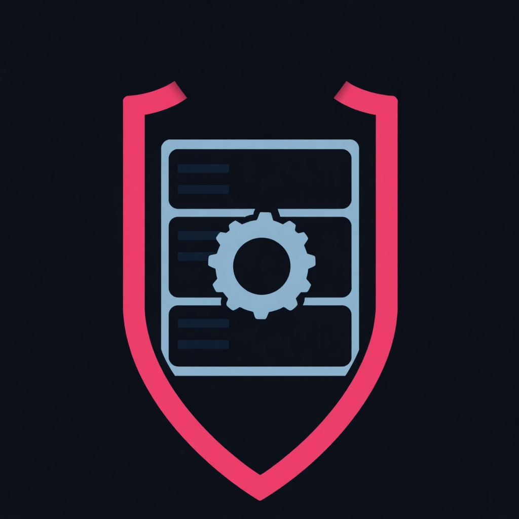 The image is a graphic design of a shield or shield with a pink border. In the center of the shield, there is a white icon of a computer screen with a gearwheel on it. The gearwheel is in the shape of a circle and is surrounded by a black background. The shield is divided into two sections, with the top half being pink and the bottom half being blue. The overall design is simple and minimalistic.