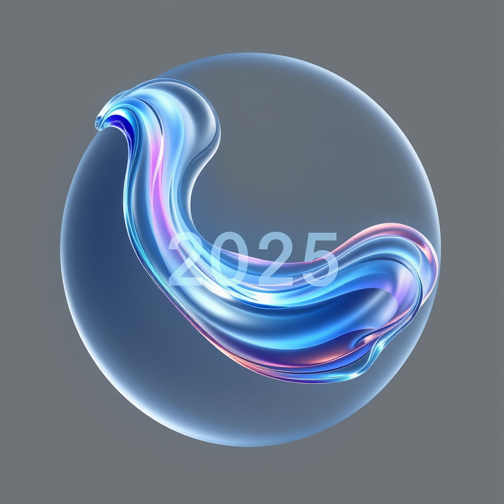 Evolving Stream: A singular, dynamic stream crafted from Fluent Design elements like acrylic and light. This stream evolves, perhaps subtly incorporating '2025' or forming the year as it solidifies, using Microsoft's core colors with gradients to show motion.