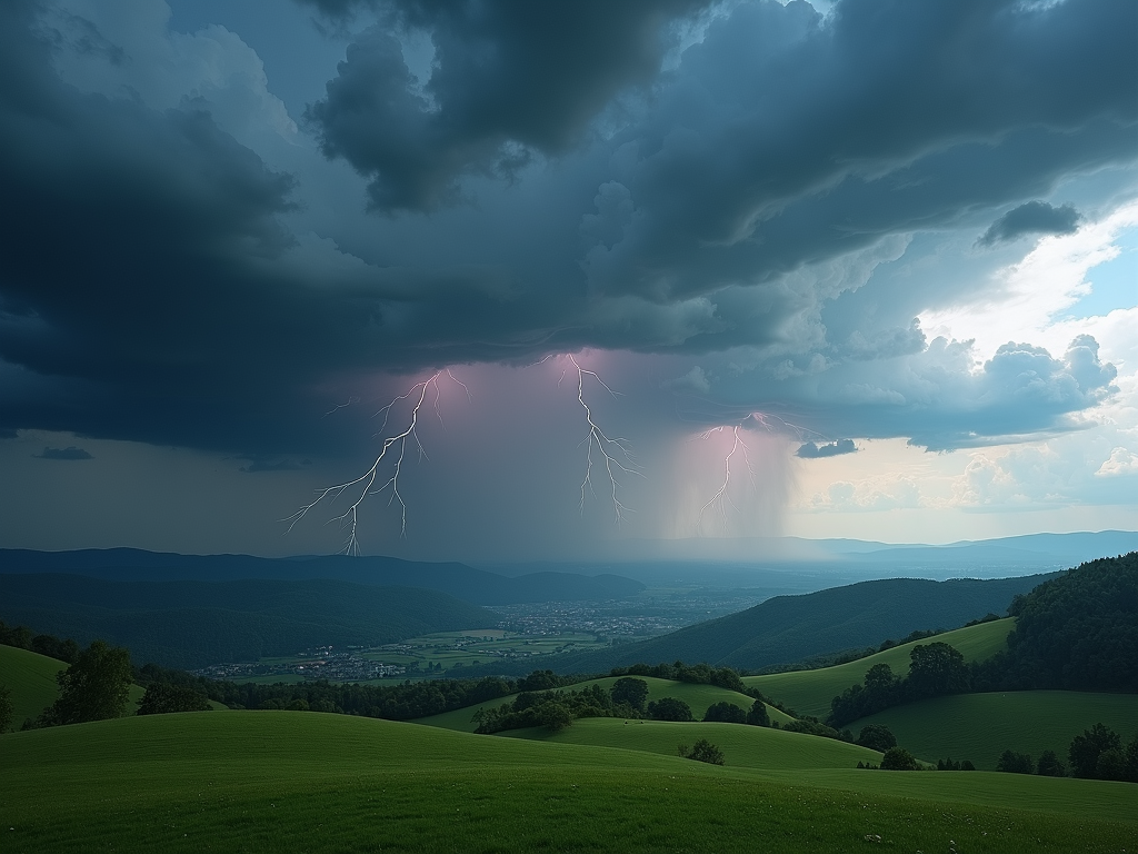 A breathtaking wallpaper of a thunderstorm rolling across a serene valley. Sentinels of electricity streak across the facade of dark clouds, momentarily unveiling the tranquil landscape below. The fields and hills capture the light's ebb and flow, demonstrating the display of strength and elegance inherent in nature's grand stages.