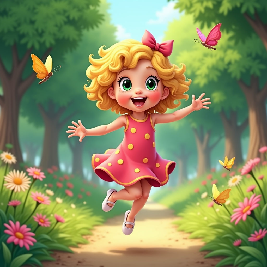  a cute little girl with blonde curly hair and a pink bow on her head. She is wearing a pink dress with yellow polka dots and white shoes. She has a big smile on her face and is jumping in the air with her arms stretched out to the sides. There are several colorful butterflies fluttering around her. The background is a garden with pink and yellow flowers and trees. The sky is blue and the overall mood of the image is cheerful and playful.