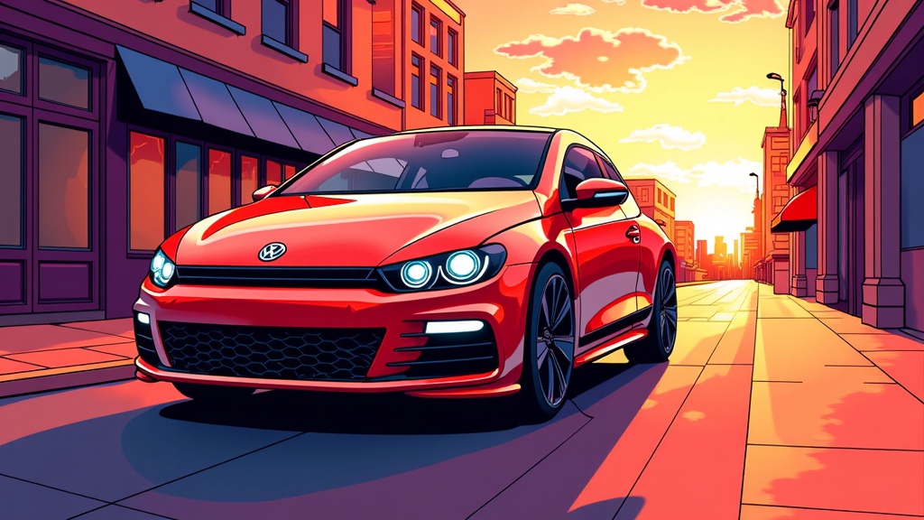 The image is a digital illustration of a red Volkswagen car parked on a city street at sunset. The car is in the center of the image, with the sun setting in the background, casting a warm orange glow over the buildings on either side of the street. The buildings are tall and have a modern design, with large windows and balconies. The street is lined with shops and restaurants, and the sky is filled with orange and pink hues from the setting sun. The overall mood of the illustration is vibrant and lively.