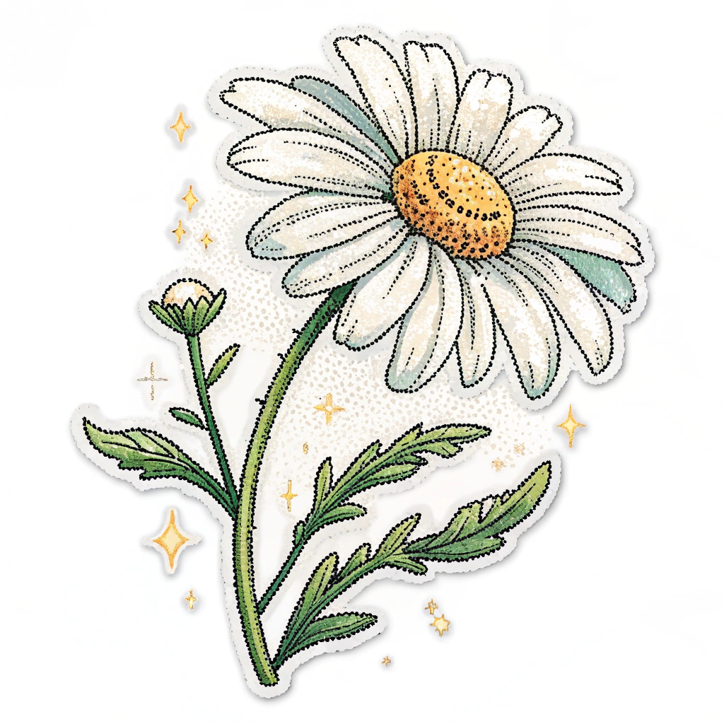 Sub-design Idea 1: Classic 8-Bit Daisy - A minimalist pixel art daisy in a retro game sprite style, using a limited color palette (e.g., white petals, yellow center) on a contrasting dark background, perhaps with subtle pixelated sparkles.