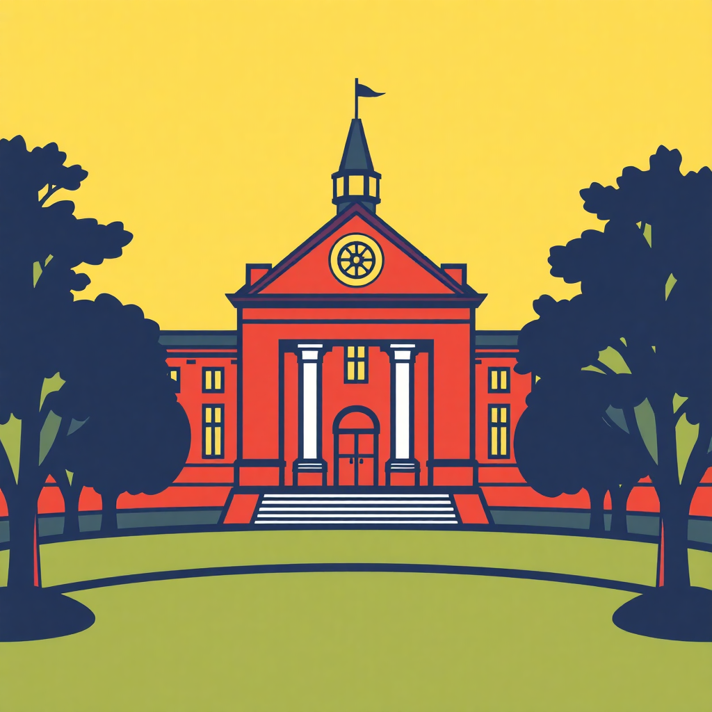 The image is an illustration of a red brick building with a clock tower on top. The building has a large front entrance with columns and a staircase leading up to the entrance. The clock tower has a flag on top and is surrounded by trees on either side. The sky is a bright yellow color, and the ground is covered in green grass. The overall style of the illustration is flat and cartoon-like.