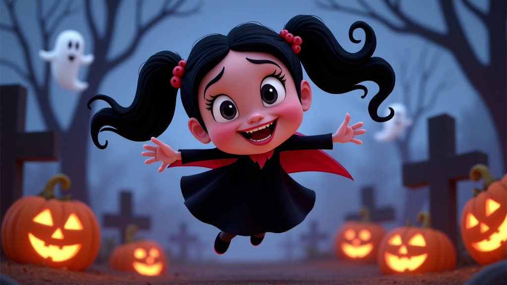 The image is a digital illustration of a cartoon character, Vampirina, in a Halloween scene. She is in mid-air, with her arms stretched out to the sides and a big smile on her face. She has long black hair styled in two pigtails with red bows on top. Her eyes are wide open and her mouth is slightly open, as if she is laughing. In the background, there are several jack-o-lanterns and a graveyard with tombstones and a ghost hanging from one of the trees. The overall mood of the image is cheerful and spooky.