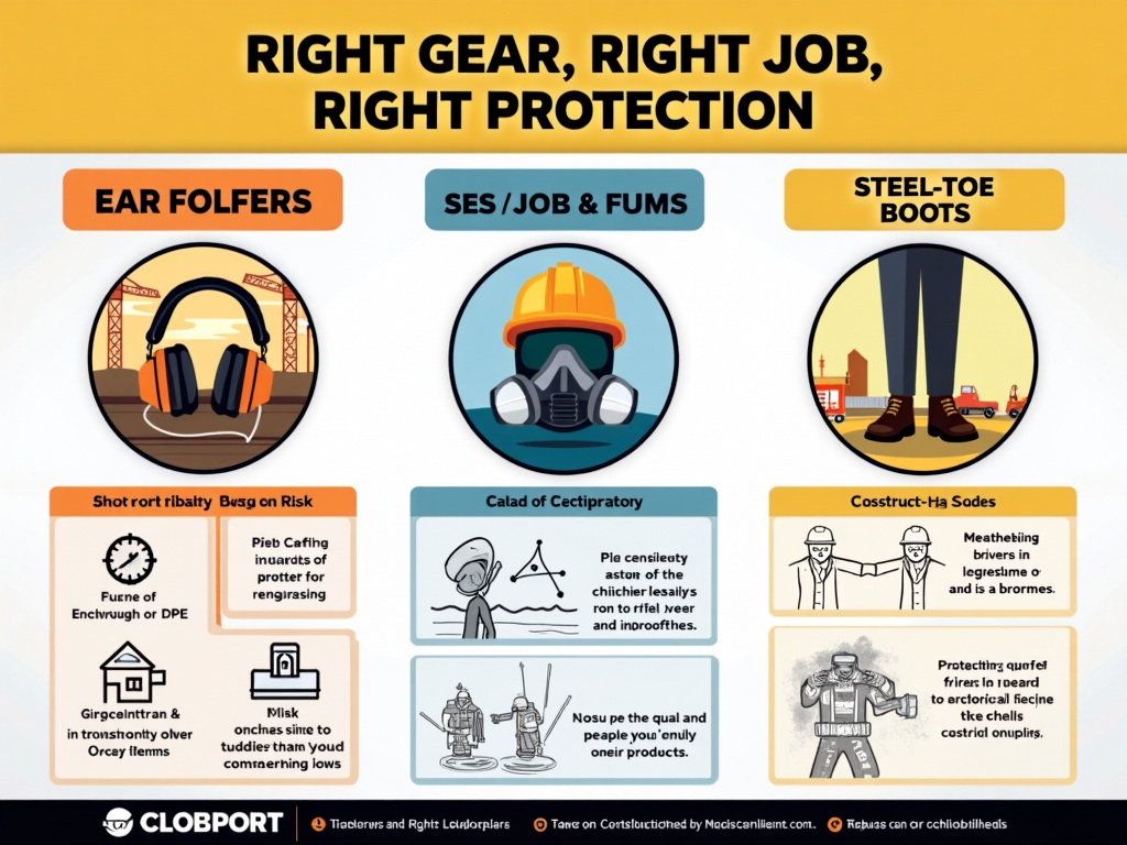 Create an infographic-style poster visually matching specific PPE (e.g., ear defenders, respirators, steel-toed boots) to the workplace hazards they protect against (noise, dust/fumes, falling objects). Title: 'Right Gear, Right Job, Right Protection.'