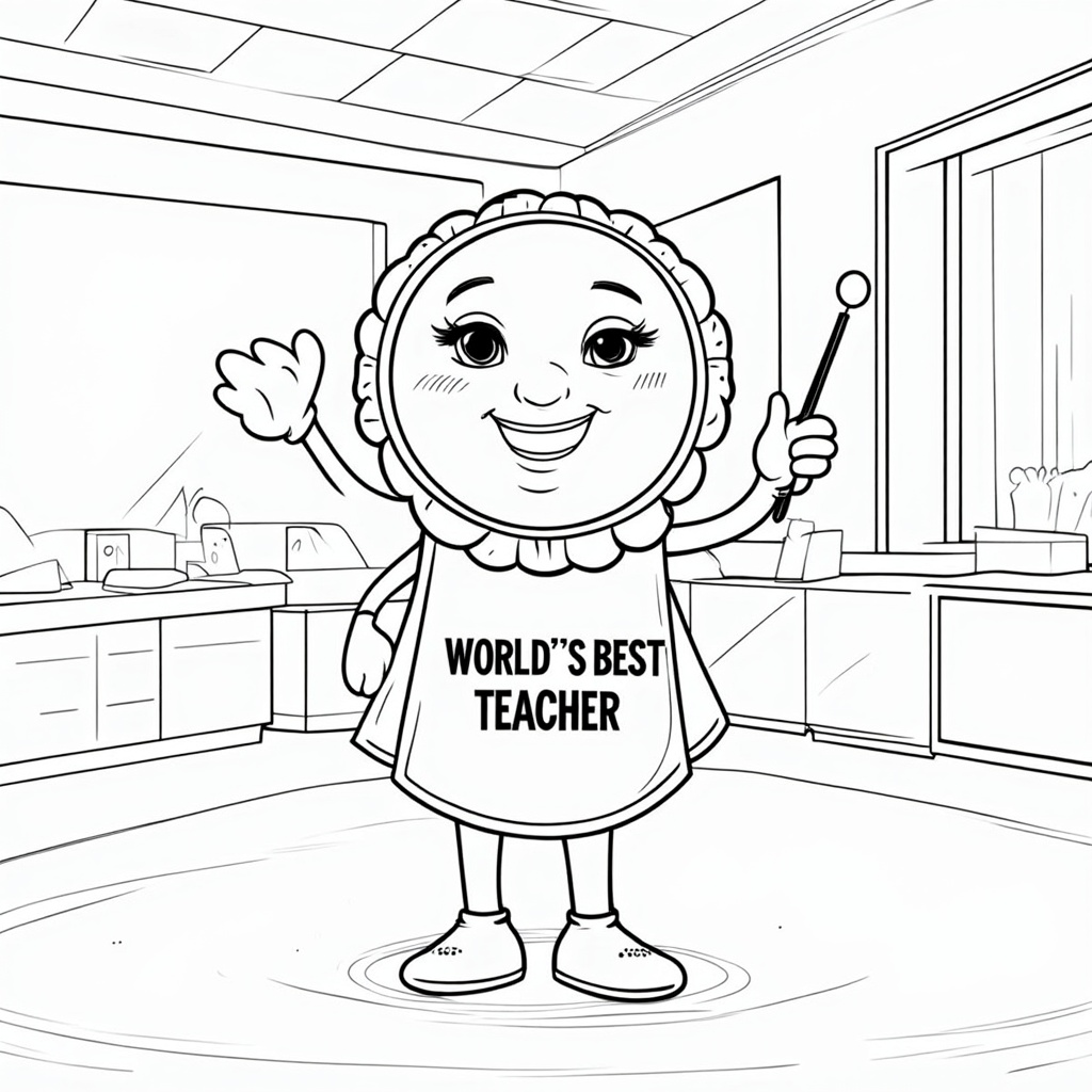 A whimsical award ribbon character. The ribbon has cute eyes and a smile, holding a pointer or a piece of chalk. 'World's Best Teacher' is written across its 'chest ' (the central circle). The background could be a playful classroom scene outline.