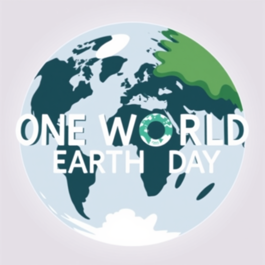 Typographic Continents: The phrase 'ONE WORLD' or 'EARTH DAY' is arranged so that the words themselves morph into the shapes of Earth's continents. For example, 'ONE' could become the Americas, and 'WORLD' could form Eurasia and Africa, all within a loosely circular composition.