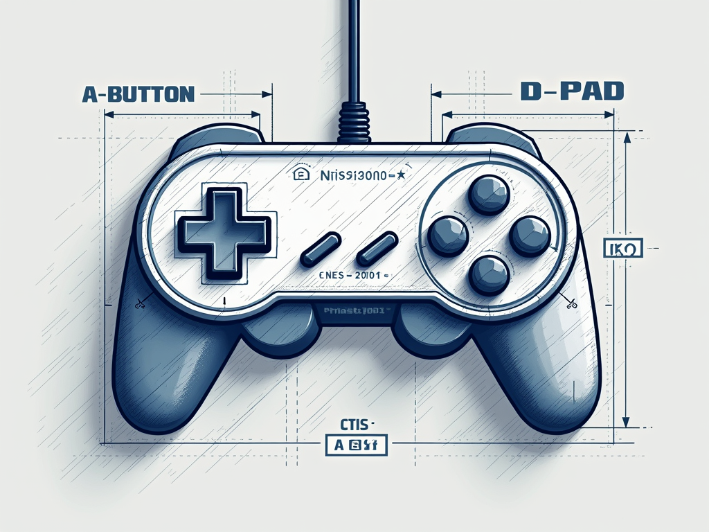 Nostalgia Core T-Shirt Design: A stylized, minimalist blueprint graphic of a classic game controller (e.g., NES or SNES) where the outlines and buttons are depicted using a mix of sharp pixel lines and basic polygonal shapes. Include retro-font callouts like 'A_BUTTON' or 'D_PAD'.