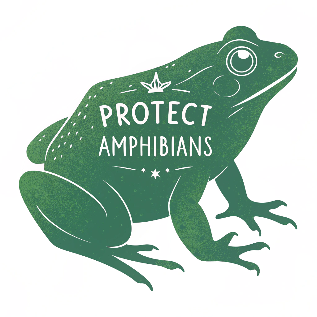Simple Icon/Logo Idea: A minimal, solid green frog silhouette facing sideways, positioned above the centered text 'Protect Amphibians'.