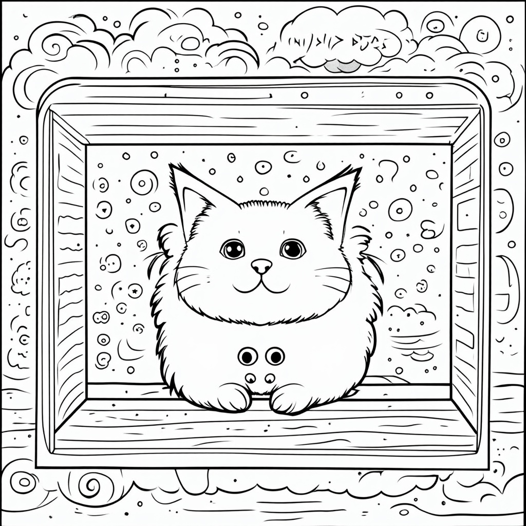 An interior view of the 'Mystery Box' from the cat's perspective before it's opened. The cat is surrounded by swirling quantum particles, wave functions, and abstract shapes representing the superposition of states. Include elements for kids to color, like different colored 'probability clouds'.