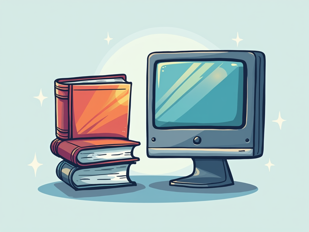 Icon Idea: A simple icon combining a book symbol and a computer monitor symbol, connected by a stylized bridge or link.