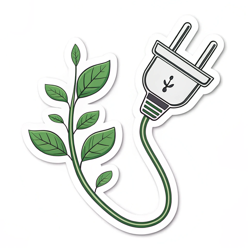 Simple Icon Idea: A minimalist icon of a power plug that is disconnected from its socket, with a small green leaf sprouting from one of the prongs or the cord itself.