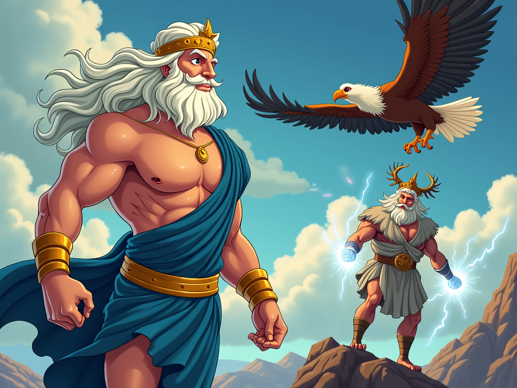 A series of illustrations depicting Zeus's various forms and stories, from his birth in Crete to his battles with the Titans, capturing the god's duality.