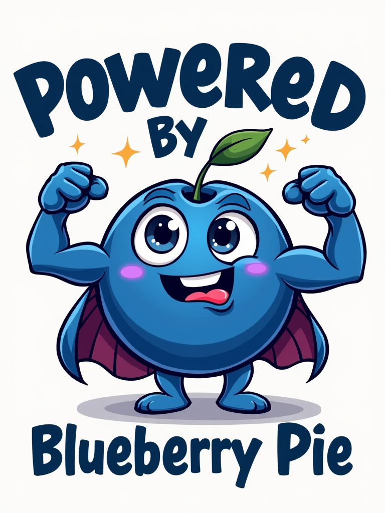A cute cartoon blueberry character flexing its muscles or striking a superhero pose, with the text 'Powered by Blueberry Pie' in a fun, bold font.