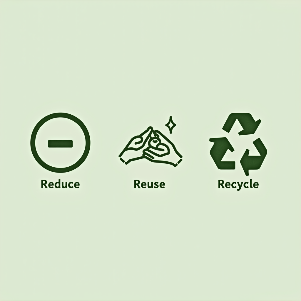 An elemental trio of icons: a simplified minus symbol within a circle for Reduce, two hands gently cupping/passing an object for Reuse (stylized), and a basic three-leaf or segmented circle for Recycle, presented in a small, neat row or a subtle pocket print.
