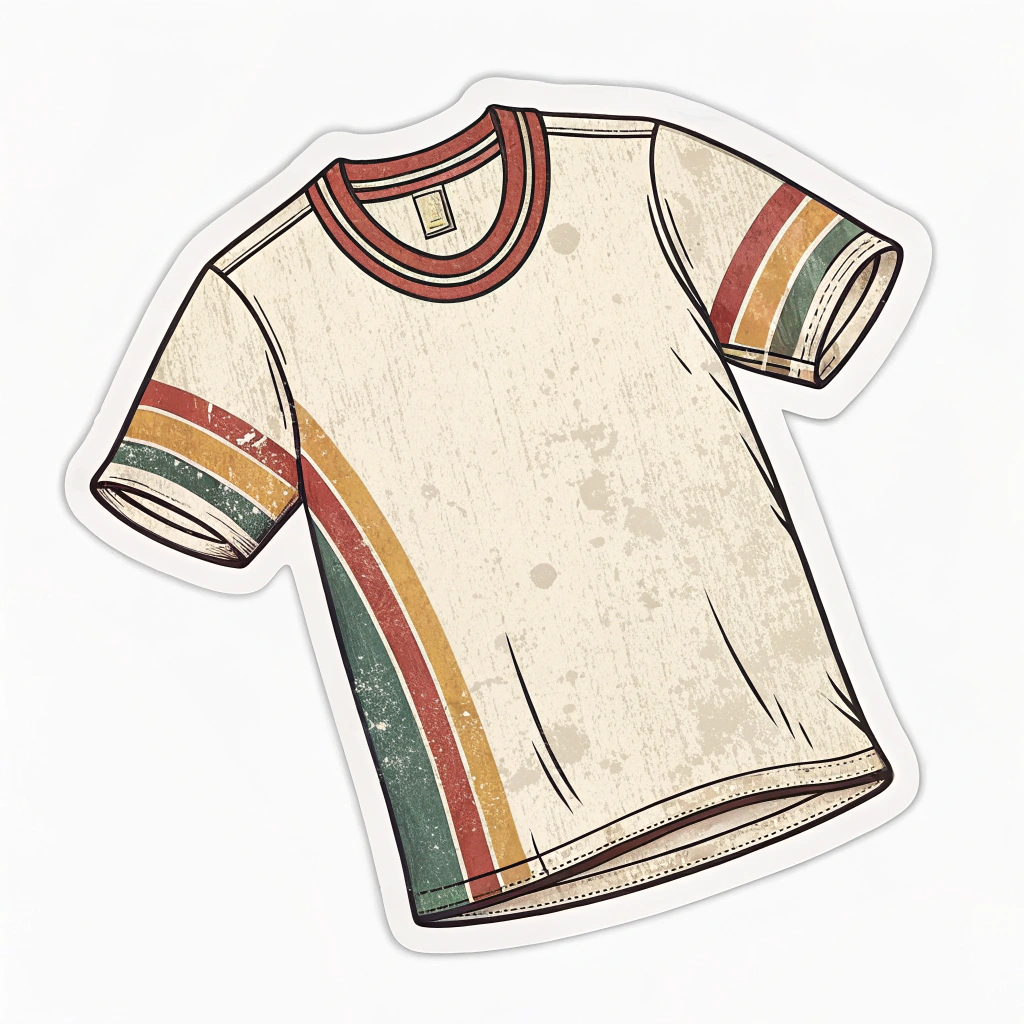 The image is a sticker of a t-shirt. It is a rectangular shape with a round neckline and short sleeves. The shirt is beige in color with a striped design on the sleeves in different colors - red, orange, green, and yellow. The stripes are evenly spaced and run horizontally across the shirt. The fabric appears to be slightly wrinkled and faded, giving it a worn and aged look. The background of the image is white, making the colors of the stripes stand out.