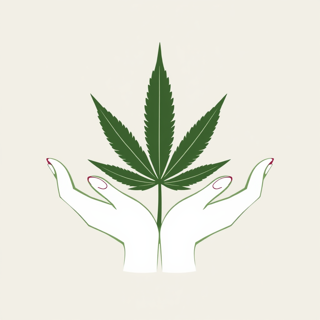 Sub-design idea 2: Emphasize 'gentle care' with highly stylized, minimalist hands that softly curve around the cannabis leaf, using negative space effectively to highlight the leaf. The leaf itself could be slightly abstracted.