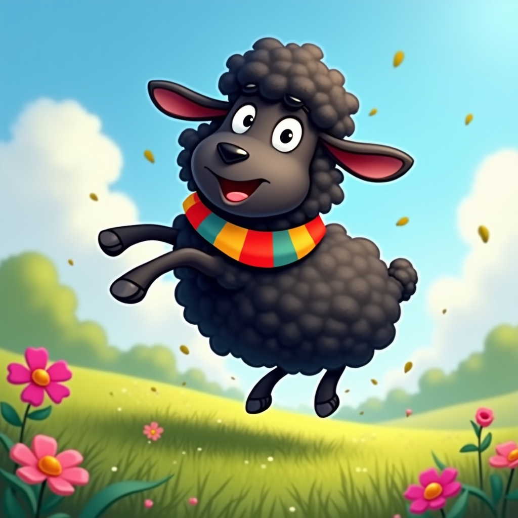 The image shows a cartoon black sheep jumping in the air with a colorful scarf around its neck, surrounded by plants with flowers, grass, trees, and a sky with clouds in the background.