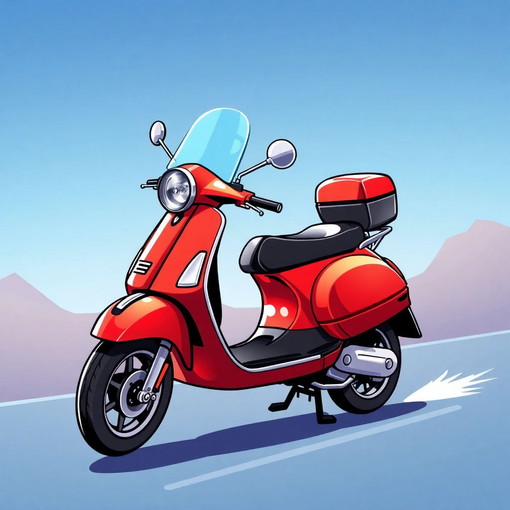 The image is a digital illustration of a red scooter on a road with mountains in the background. The scooter is in the center of the image and is facing towards the right side of the frame. It has a black seat and a red luggage rack on the back. The front of the scooter has a large windshield and two side mirrors on either side. The background is a light blue sky with a few wispy clouds. The road appears to be winding and there is a white line on the left side.