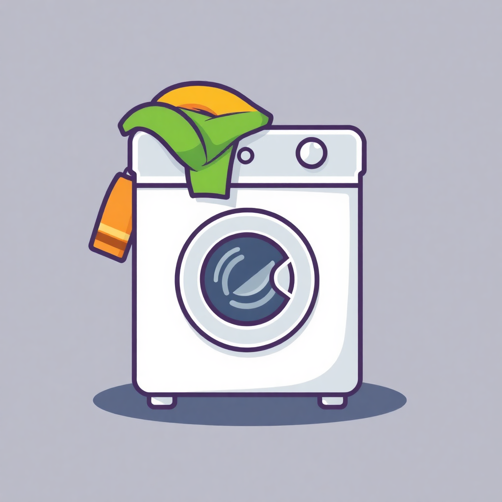 The image shows a washing machine with a green cloth on top of it. The washing machine is animated, giving it a lively and vibrant look.