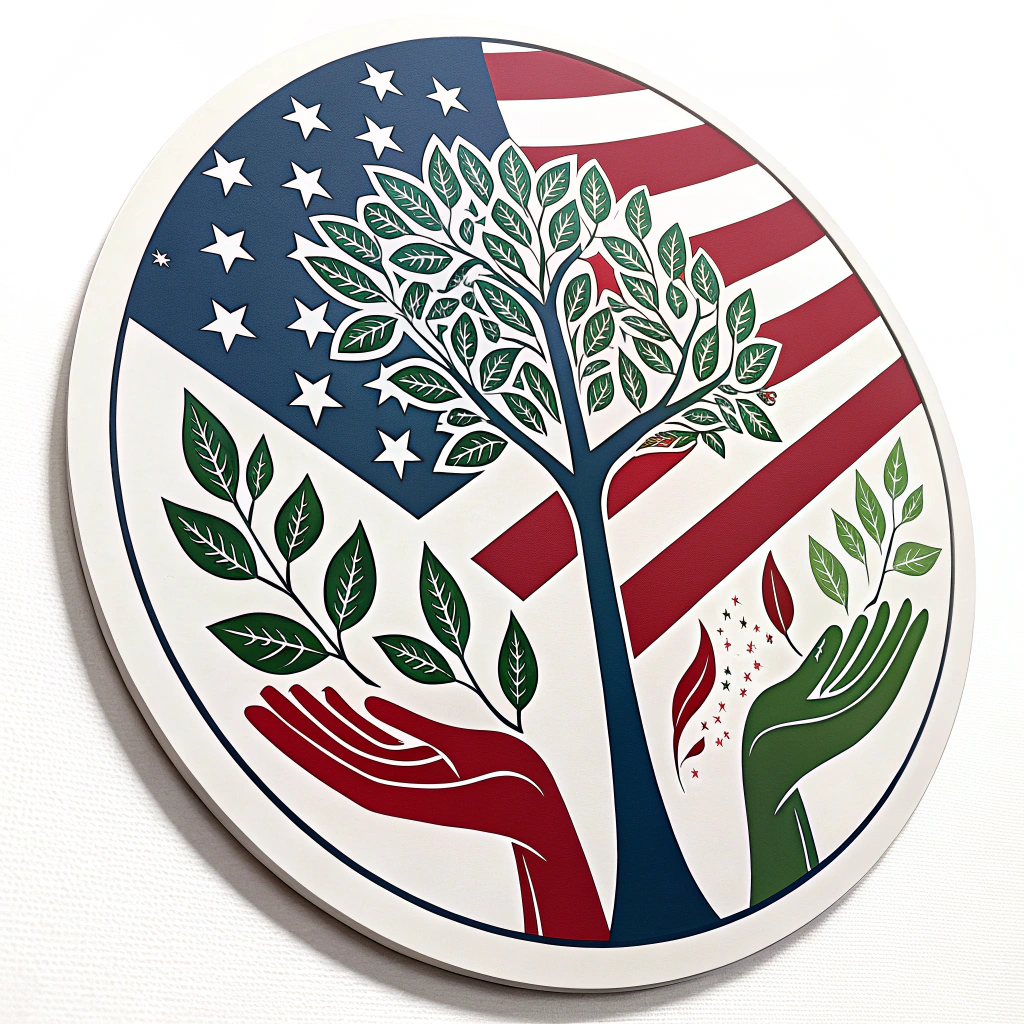 A circular decal with a stylized American flag incorporating imagery related to a specific political cause, such as environmentalism or social justice.