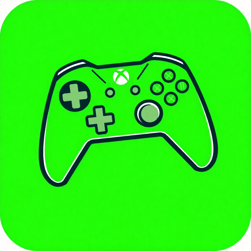 The image is a square icon with a green background. In the center of the icon, there is a black outline of a video game controller. The controller has a green XBOX logo on the top left corner and a plus sign on the right side. There are also several buttons on the controller, including a directional pad, four action buttons, two shoulder buttons, and two triggers. The overall design is simple and minimalistic.