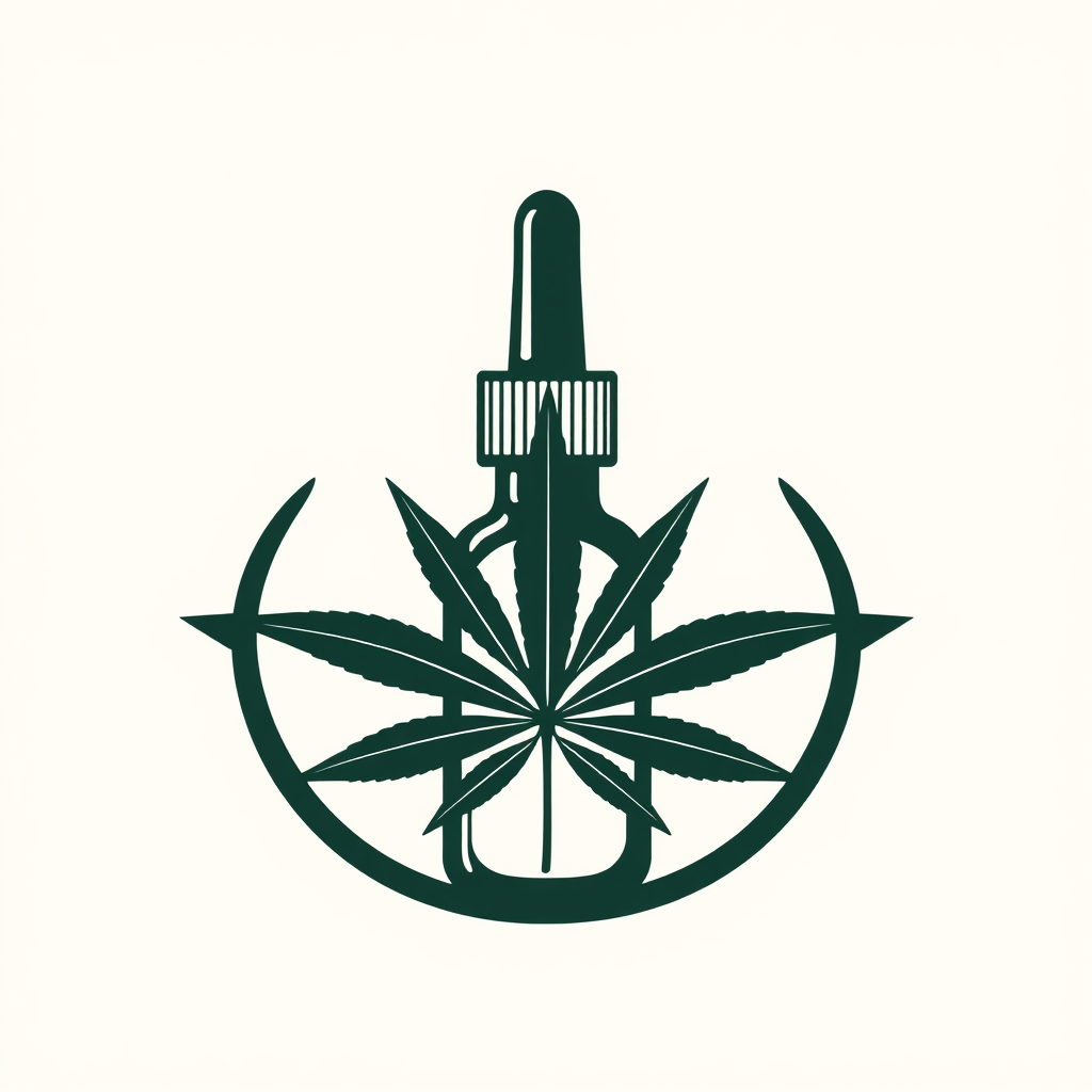 Symmetrical Leaf & Bottle Fusion: A vertically split iconic mark where one half depicts the silhouette of a dropper bottle and the other half shows a cannabis leaf, seamlessly merging to form a unified, balanced symbol of medical cannabis.