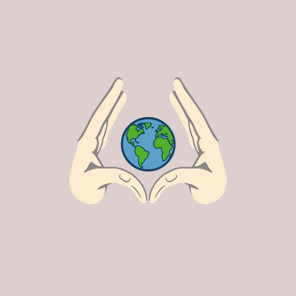 Simple Logo Idea: Two stylized hands, one approaching from each side, meet to form a protective circle or a heart shape. Inside this combined shape, a minimalist Earth icon (e.g., a blue circle with a single green continent silhouette) is placed, symbolizing direct care and unified effort for the planet.