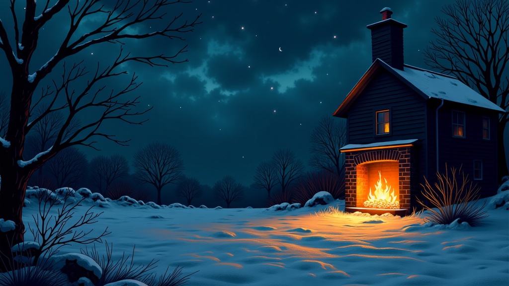 A visual representation of the poem's primary setting, focusing on the atmosphere and specific details mentioned (e.g., the 'bleak December' embers from Poe's 'The Raven').