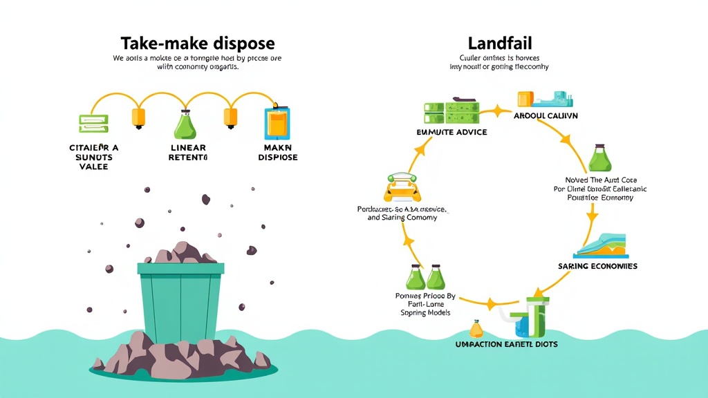 The Value Chain Reimagined: An infographic-style illustration that contrasts a linear 'take-make-dispose' value chain (ending in a landfill) with a circular value chain. The circular version would be a loop showing value retention, resource regeneration, and new business models (e.g., product-as-a-service, sharing economies) that thrive on sustainability.