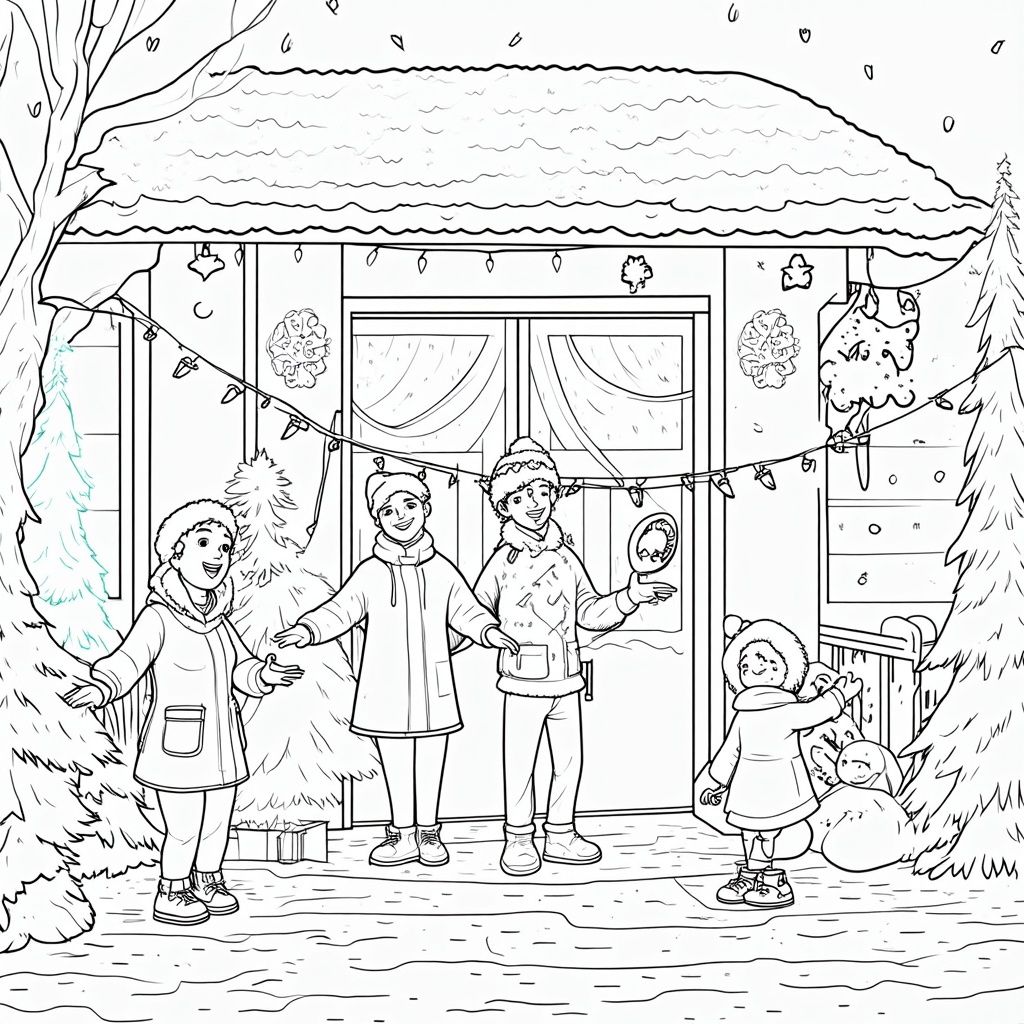 A delightful scene of a family decorating their home for the winter holidays, stringing lights around the porch and hanging a festive wreath on the door. Snow falls gently around them, and the warmth of their laughter fills the chilly air.