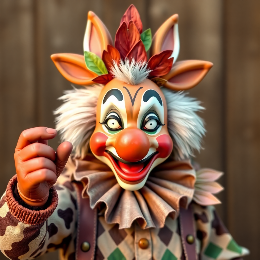 A nature-inspired rodeo clown character with earth-toned colors, leafy accents, and animal-like features, highlighting an eco-conscious theme with natural props and movements reminiscent of forest creatures.