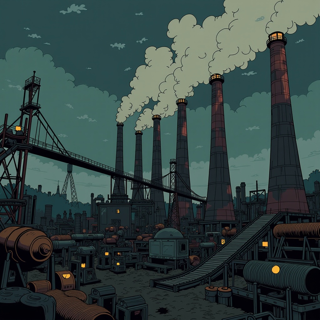 The image is an illustration of a large industrial area with multiple tall chimneys emitting white smoke into the sky. The chimneys are tall and cylindrical, with a red and black color scheme. The sky is dark and cloudy, and there are a few clouds scattered across it. In the foreground, there are several large pipes and machinery, including a conveyor belt and a large crane. The overall mood of the image is bleak and industrial.