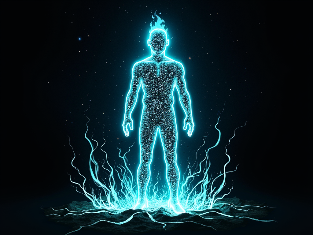The Man's Interactive Aura: Center the T-shirt design around the iconic Burning Man effigy, outlined in basic glow-in-the-dark ink. Surrounding The Man, create radiating aura patterns using thermochromic glow-in-the-dark ink or layered standard glow inks that visibly react to warmth. The aura brightens or reveals new patterns when touched or warmed by body heat, symbolizing an energetic connection.