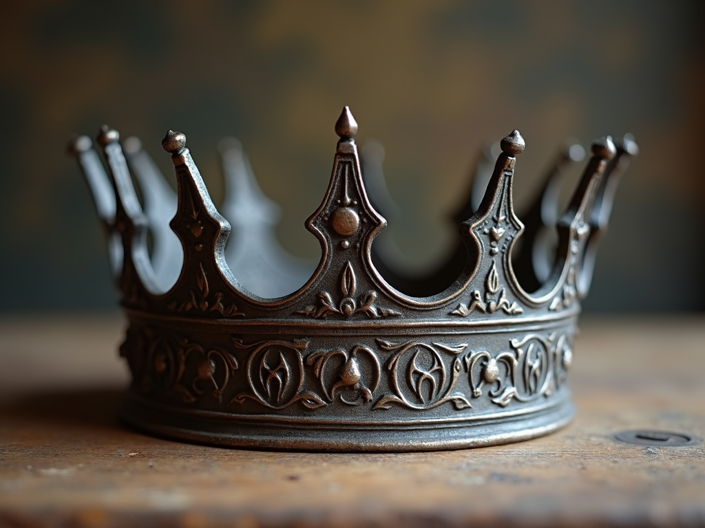 An heirloom crown passed through generations, adorned with distinct engravings and a tarnished yet dignified appearance.