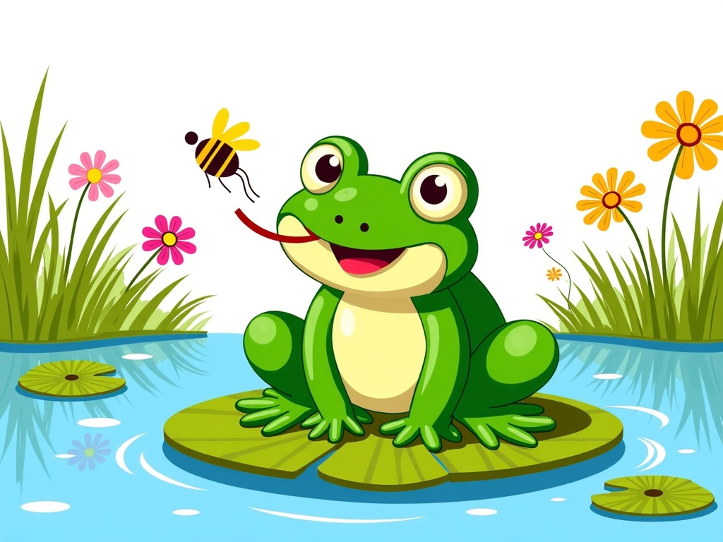 The image is a cartoon illustration of a green frog sitting on a lily pad in a pond. The frog is smiling and has a red tongue sticking out, as if it is enjoying the moment. It is surrounded by colorful flowers and plants, including pink, yellow, and orange daisies. There is also a bee flying in the background. The water is blue and there are lily pads floating on the surface. The overall theme of the image is happy and playful.