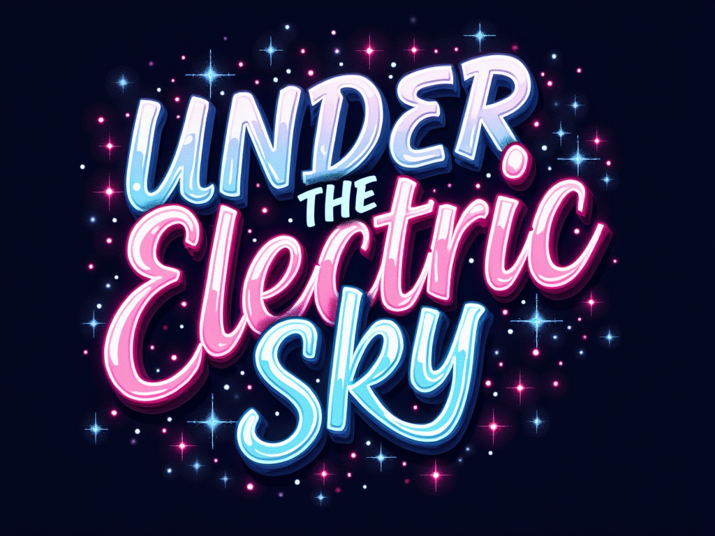 Layered Light Script: The typography 'Under the Electric Sky' is designed with overlapping, semi-transparent layers of script or bold sans-serif fonts. Each layer has a slightly different electric hue, creating a sense of depth and illumination, like light shining through clouds.